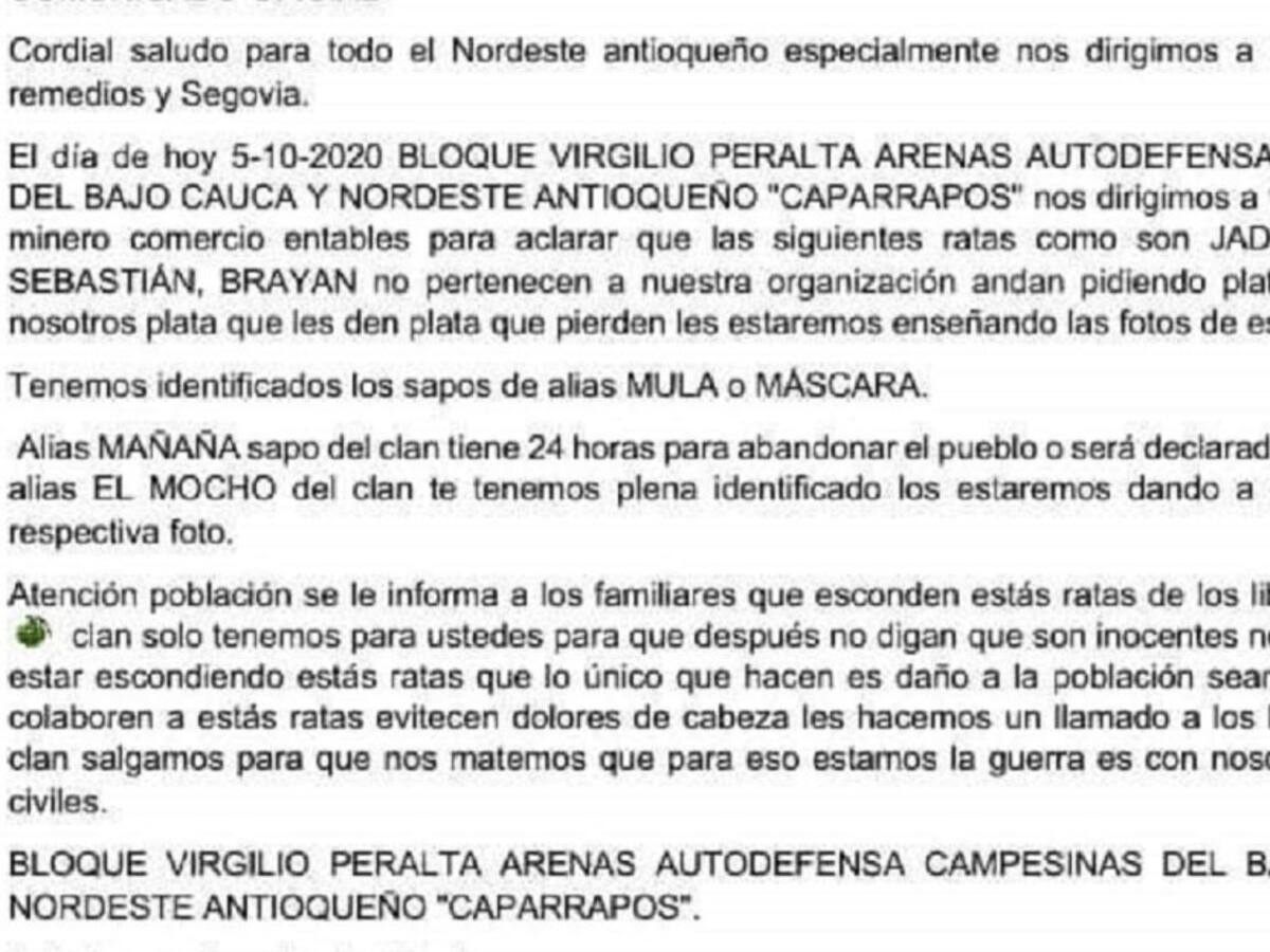 Con un panfleto amenazan de muerte a siete personas en Segovia, Antioquia