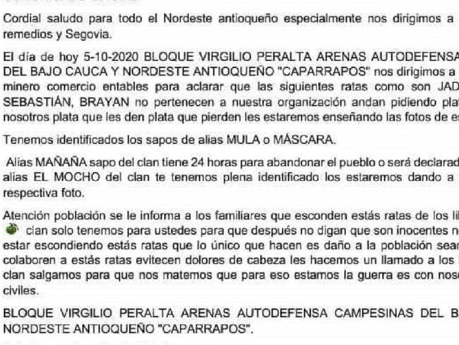 Con un panfleto amenazan de muerte a siete personas en Segovia, Antioquia