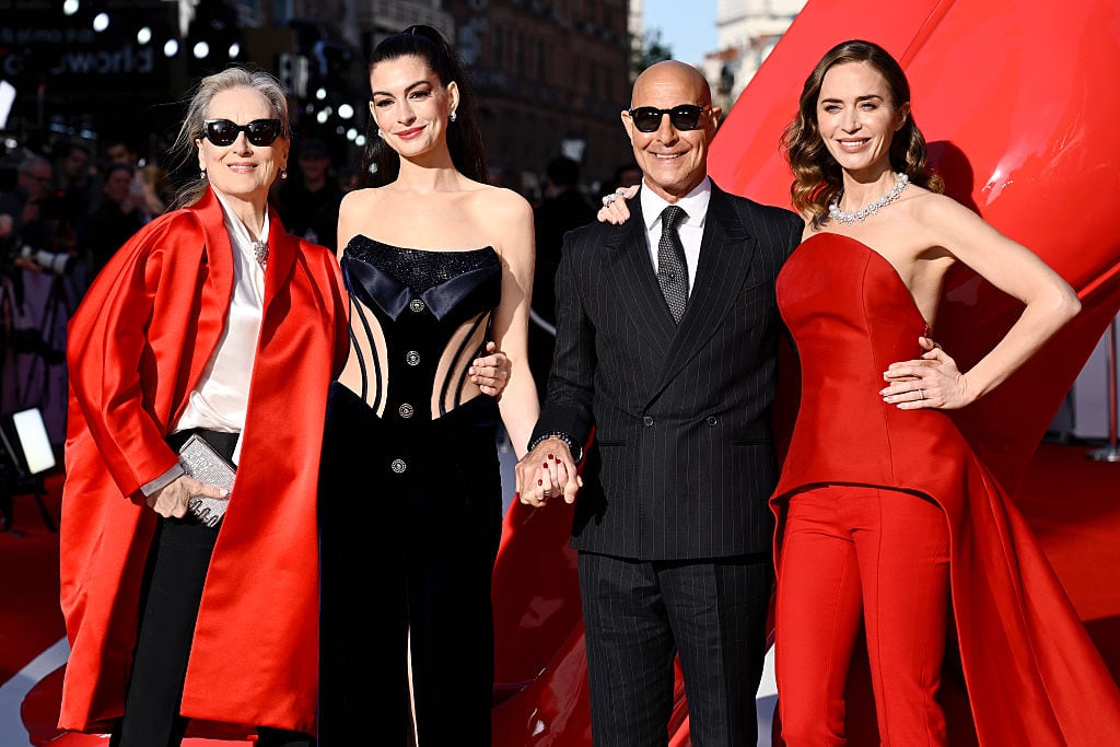 LONDON, ENGLAND - APRIL 22: Meryl Streep, Anne Hathaway, Stanley Tucci and Emily Blunt attend "The Devil Wears Prada 2" European Premiere inside Leicester Square on April 22, 2026 in London, England. (Photo by Gareth Cattermole/Getty Images)