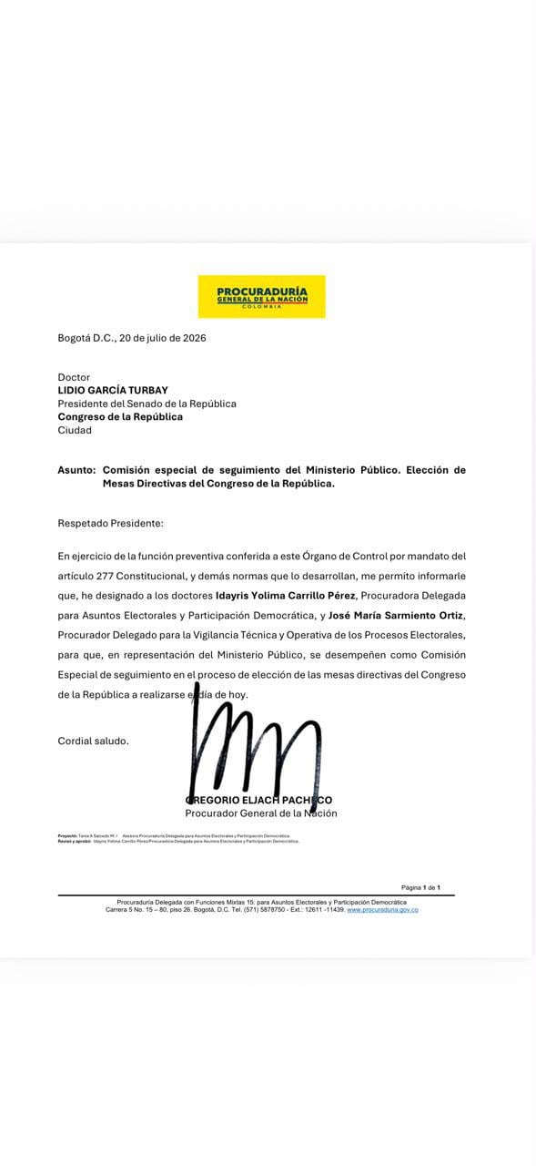 Carta enviada por el Procurador al presidente del Congreso