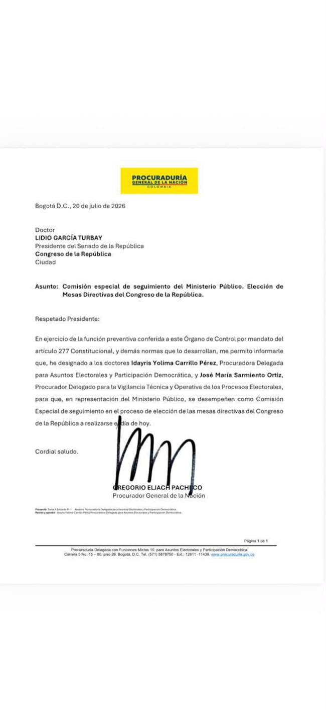 Carta enviada por el Procurador al presidente del Congreso