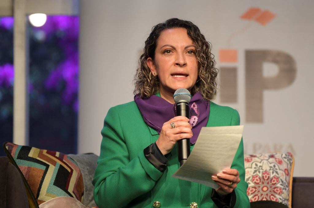 Colombian journalist Jineth Bedoya delivers a press conference in Bogota, on October 19, 2021. - The Inter-American Court of Human Rights (IACtHR) ruled on Monday that the Colombian state bears responsibility for the kidnapping and torture of journalist Jineth Bedoya at the hands of far-right paramilitaries in 2000. (Photo by Raul ARBOLEDA / AFP) (Photo by RAUL ARBOLEDA/AFP via Getty Images)