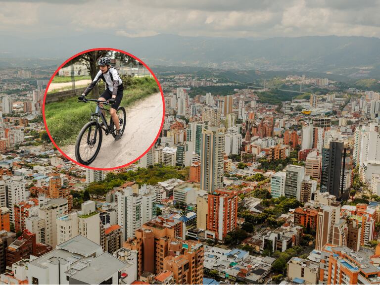 Persona practicando el ciclismo y al lado la vista panorámica de la ciudad de Bucaramanga (Fotos vía Getty Images)
