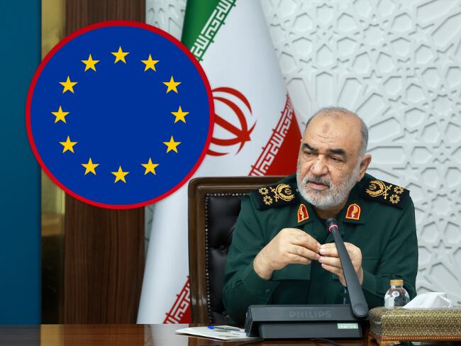 El jefe del Cuerpo de la Guardia Revolucionaria de Irán (CGRI), Hossein Salami Foto getty images y logo de la UE