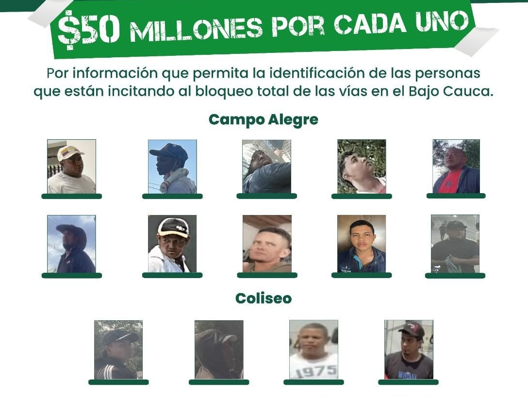 Cartel de los más buscados por el paro en el Bajo Cauca. Cortesía: Gobernación de Antioquia