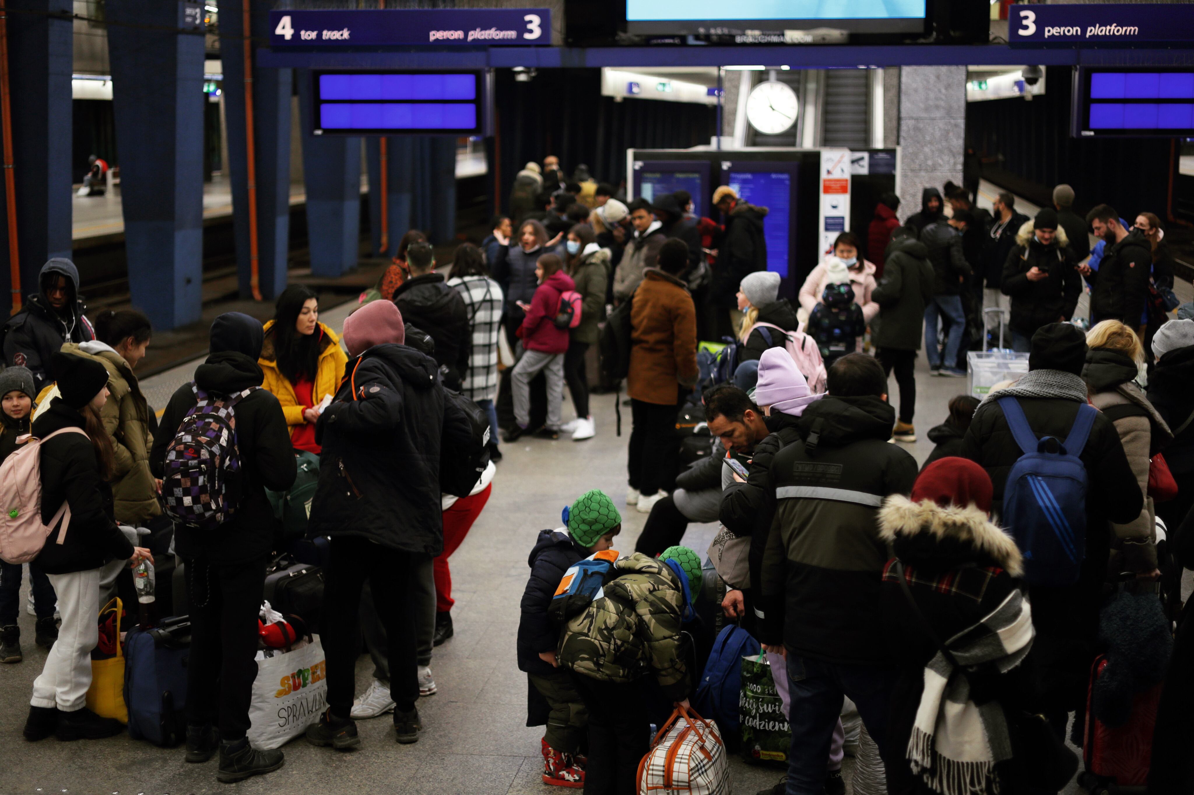 Ukrainian refugees waiting in Warsaw train station in order to take trains to access Germany. The Polish government made the transportations free of charges for the Ukrainians in Poland to facilitate their movements in and out the country, in Warsaw, Poland, on March 03, 2022. (Photo by Ibrahim Ezzat/NurPhoto via Getty Images)