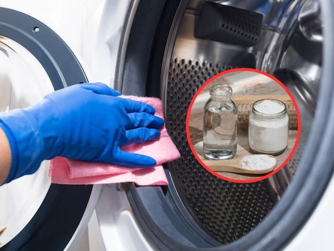 Persona limpiando la lavadora y de fondo envases con vinagre y bicarbonato de sodio (Fotos vía Getty Images)