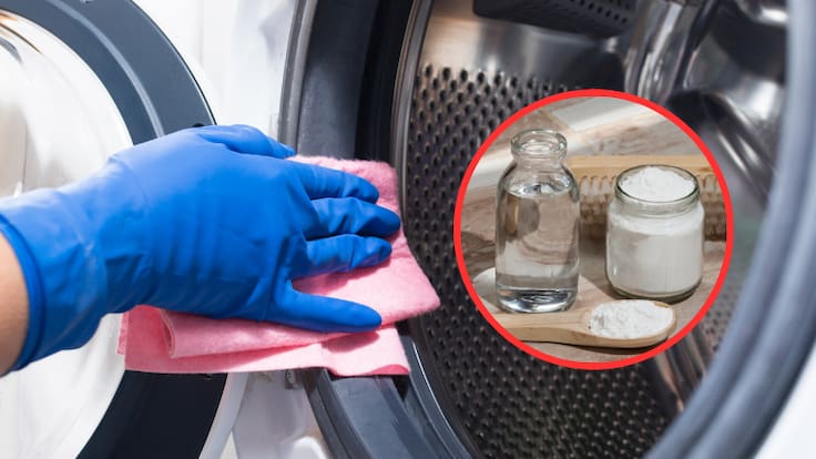 Persona limpiando la lavadora y de fondo envases con vinagre y bicarbonato de sodio (Fotos vía Getty Images)