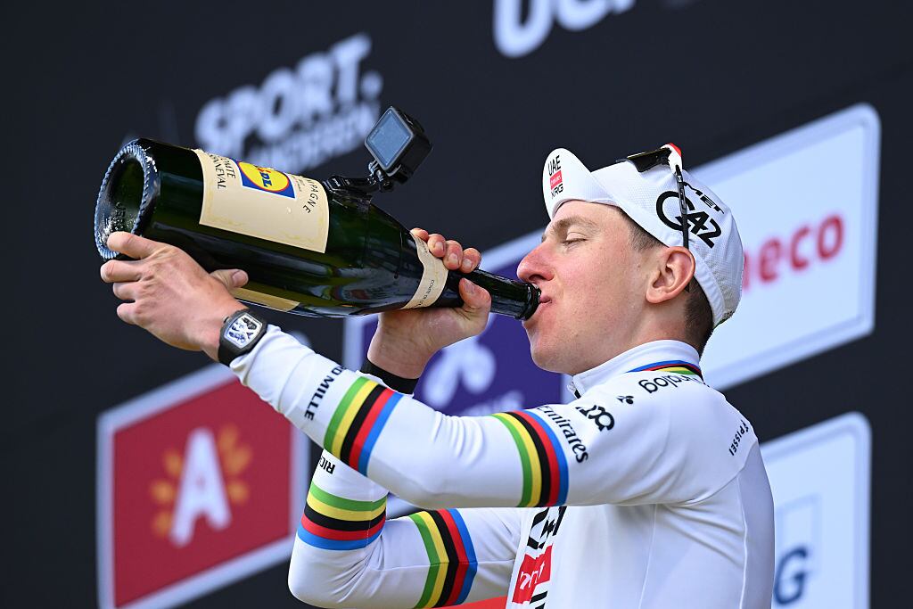 OUDENAARDE, BELGIUM - APRIL 05: Tadej Pogacar of Slovenia and UAE Team Emirates - XRG celebrates at podium as race winner during the 110th Tour of Flanders - Ronde van Vlaanderen 2026 - Men's Elite a 278.6km one day race from Antwerp to Oudenaarde / #UCIWT / on April 05, 2026 in Oudenaarde, Belgium. (Photo by Dario Belingheri/Getty Images)