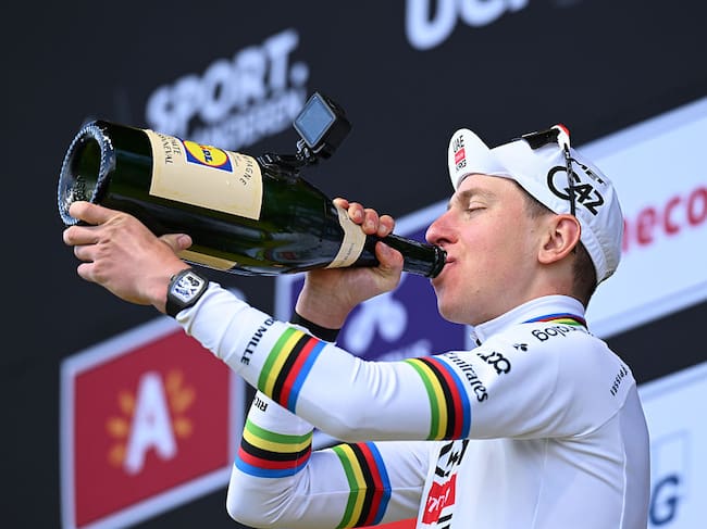 OUDENAARDE, BELGIUM - APRIL 05: Tadej Pogacar of Slovenia and UAE Team Emirates - XRG celebrates at podium as race winner during the 110th Tour of Flanders - Ronde van Vlaanderen 2026 - Men's Elite a 278.6km one day race from Antwerp to Oudenaarde / #UCIWT / on April 05, 2026 in Oudenaarde, Belgium. (Photo by Dario Belingheri/Getty Images)
