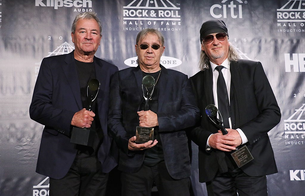 NEW YORK, NEW YORK - APRIL 08:  (L-R) Ian Gillan, Ian Paice, and Roger Glover of Deep Purple pose on stage in the press room at the 31st Annual Rock And Roll Hall Of Fame Induction Ceremony at Barclays Center of Brooklyn on April 8, 2016 in New York City.  (Photo by Jim Spellman/WireImage for Rock and Roll Hall of Fame)