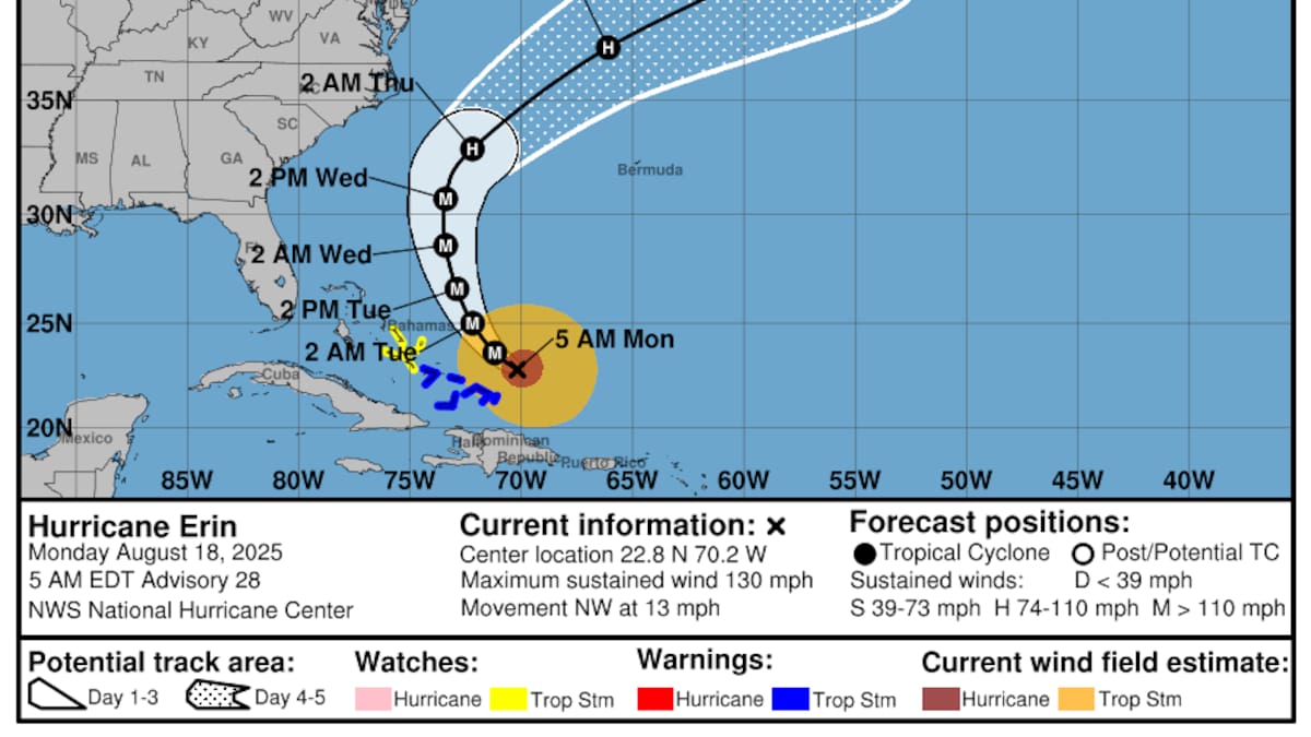 Huracán Erin se debilita a categoría 2 pero sigue amenazando costa de Estados Unidos
