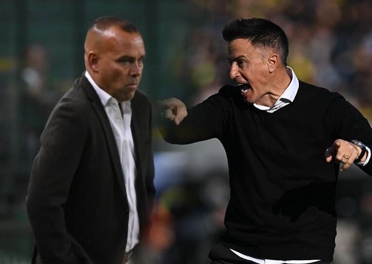 Rafael Dudamel, técnico del Cali, y Pablo Peirano, DT de Bucaramanga