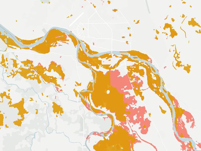 Superficie inundada en Yamena (en amarillo las inundaciones de 21 de octubre y en rosa las inundaciones del 30 de octubre). 
Fuente: El País América / Instituto de las Naciones Unidas para la Formación Profesional y la Investigación (UNITAR)