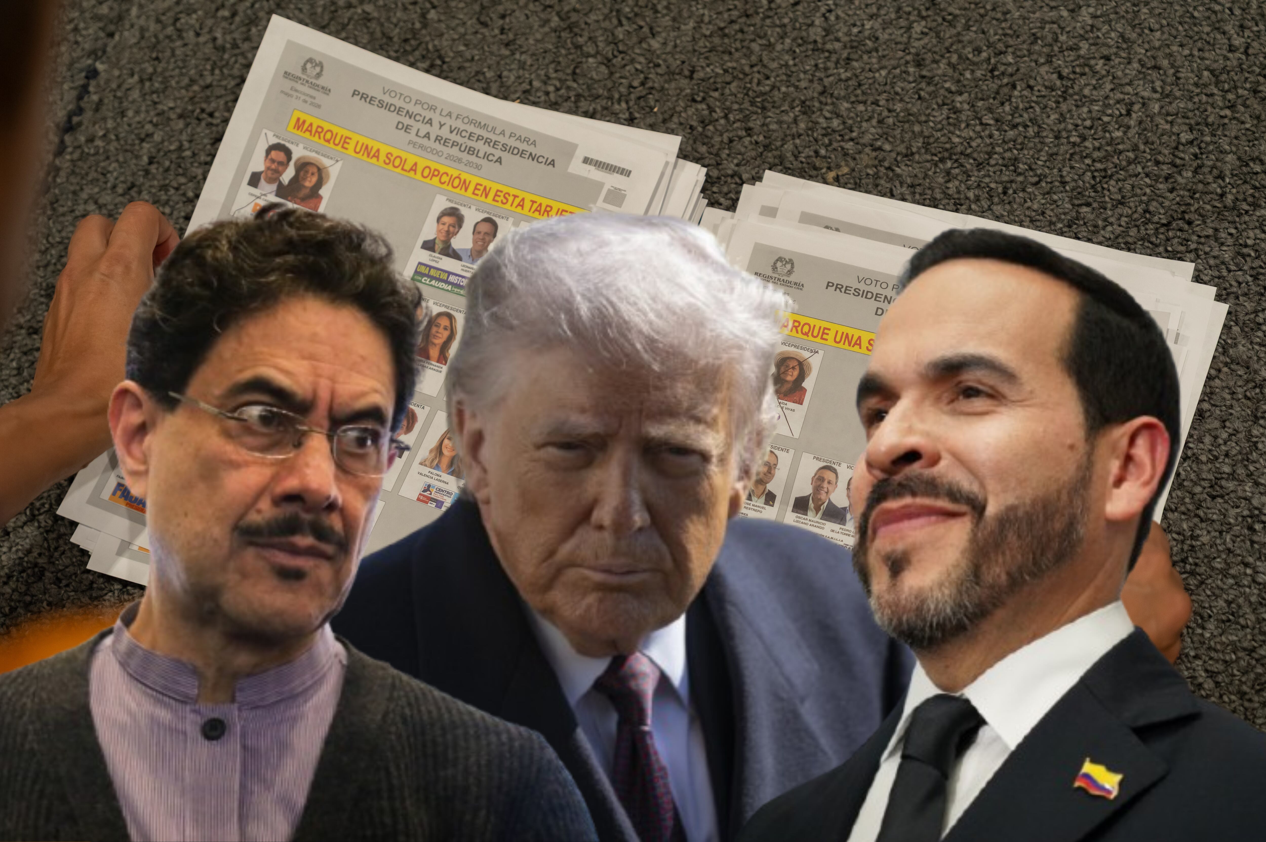 Imagen de referencia. Iván Cepeda (izquierda) - Donald Trump (centro) - Abelardo de la Espriella (derecha) - Tarjetones votación presidencial (fondo): Getty Images