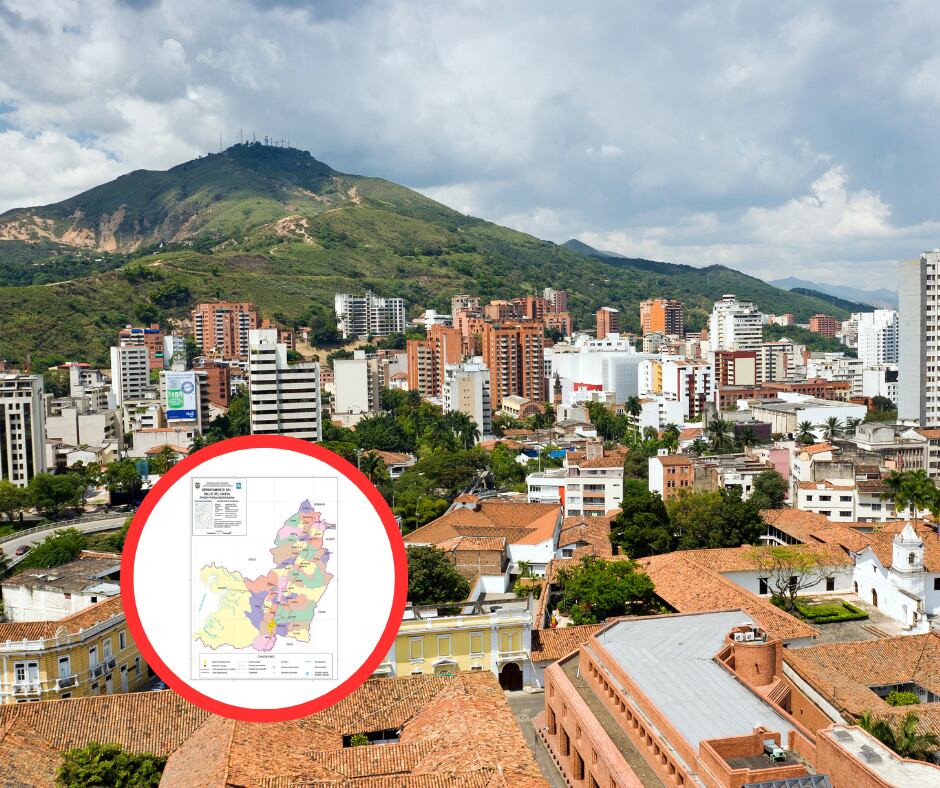 Panorámica Ciudad de Cali y mapa del Valle del Cauca (Getty Images)