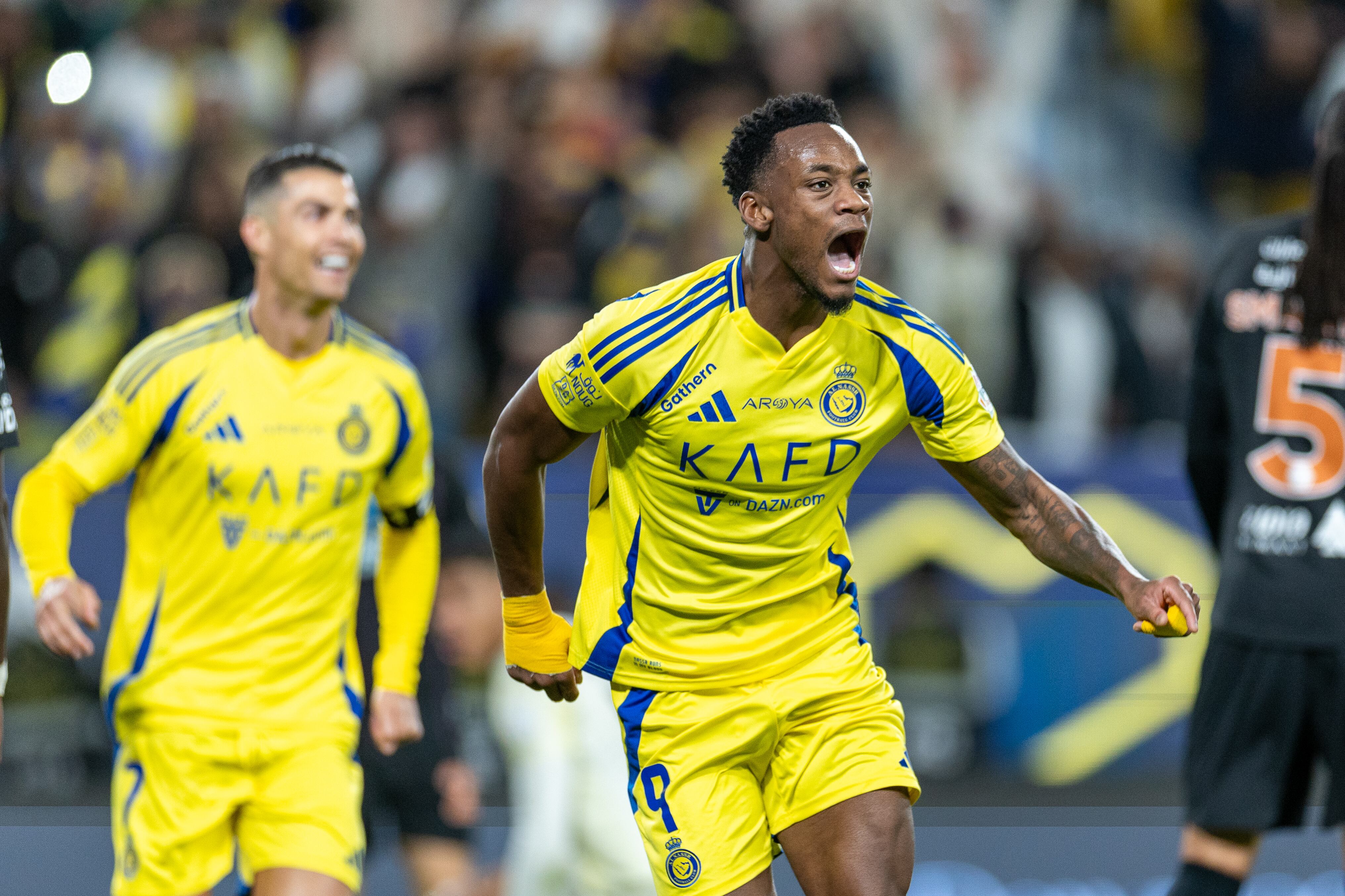 RIYADH, SAUDI ARABIA - FEBRUARY 7: Jhon Durán of Al-Nassr FC celebrates scoring their second goal during the Saudi Pro League match between Al-Nassr and Al-Fayha at Al Awwal Park on February 7, 2025 in Riyadh, Saudi Arabia. (Photo by Abdullah Ahmed/Getty Images)