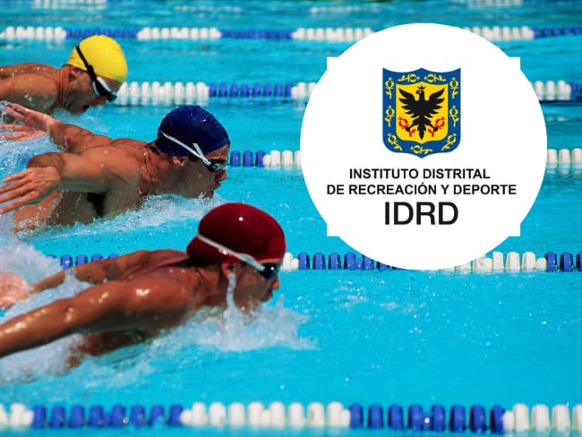 Imagen de referencia natación, Foto de getty images y logo de el Instituto Distrital de Recreación y Deporte