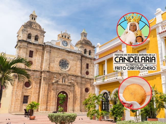 Iglesia en Cartagena y al lado partes del afiche oficial de las Fiestas de Nuestra Señora de la Candelaria y una persona con una arepa de huevo en su mano(Fotos vía Getty Images y la cuenta de X del Instituto de Patrimonio y Cultura de Cartagena)