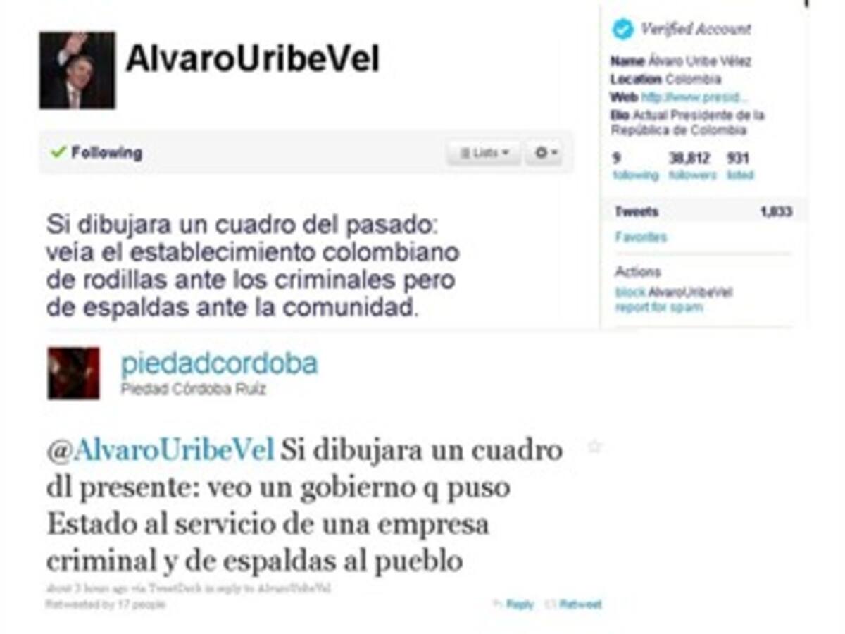 Nuevo 'rifirrafe' entre el presidente Uribe y Piedad Córdoba en Twitter