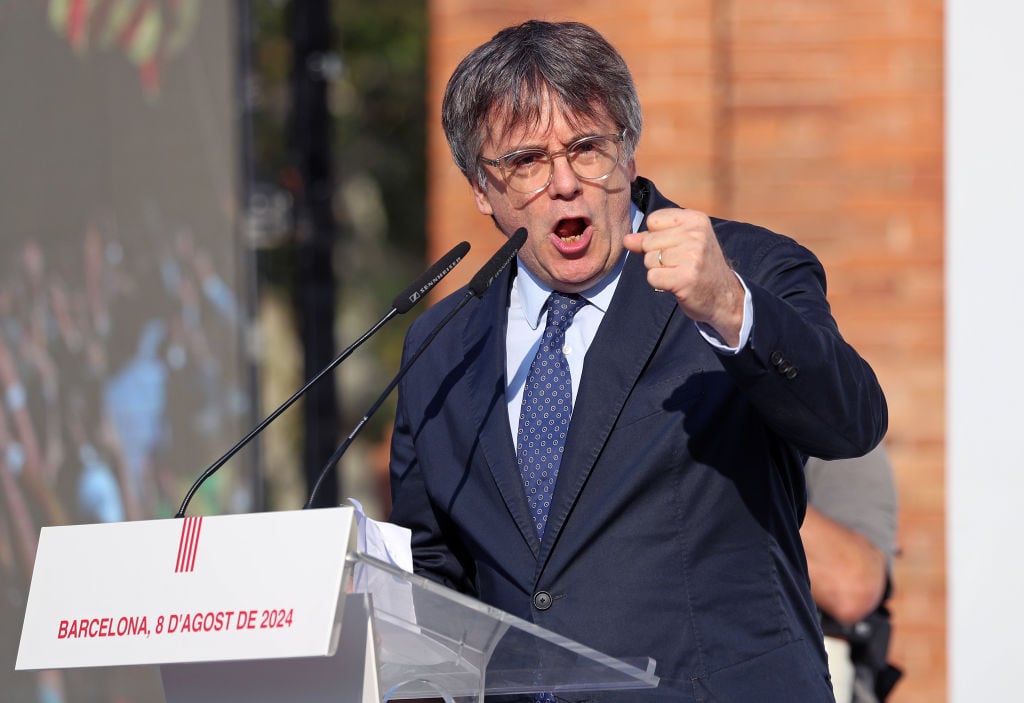 The former president of the Generalitat of Catalonia, Carles Puigdemont, is returning to Catalonia after seven years of exile and is making a speech near the Parliament of Catalonia, before the investiture of Salvador Illa as the new president of the Generalitat, in Barcelona, Spain, on August 8, 2024. (Photo by Joan Valls/Urbanandsport /NurPhoto via Getty Images)