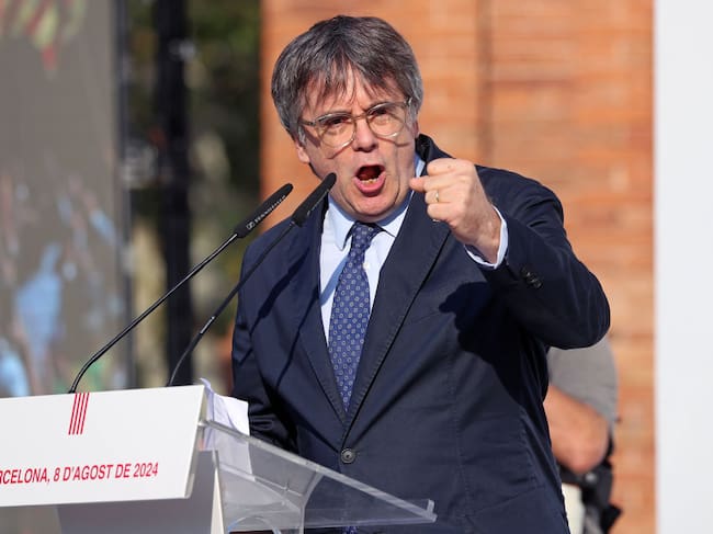 The former president of the Generalitat of Catalonia, Carles Puigdemont, is returning to Catalonia after seven years of exile and is making a speech near the Parliament of Catalonia, before the investiture of Salvador Illa as the new president of the Generalitat, in Barcelona, Spain, on August 8, 2024. (Photo by Joan Valls/Urbanandsport /NurPhoto via Getty Images)