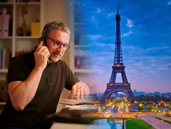 Hombre en teletrabajo y ciudad de Francia / Imagen tomada de Canva