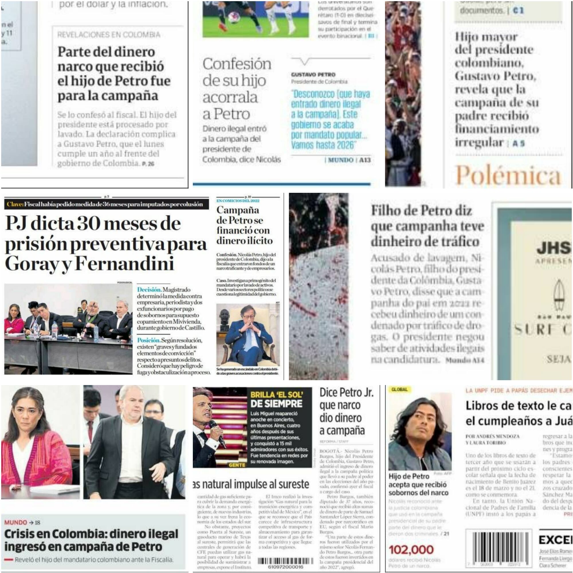 Fragmentos de portadas de medios de Chile, Argentina, Brasil y México que reseñan las declaraciones de Nicolás Petro sobre la presunta entrada de dineros ilegales a la campaña Petro Presidente.
(Fotos:   Cortesía)