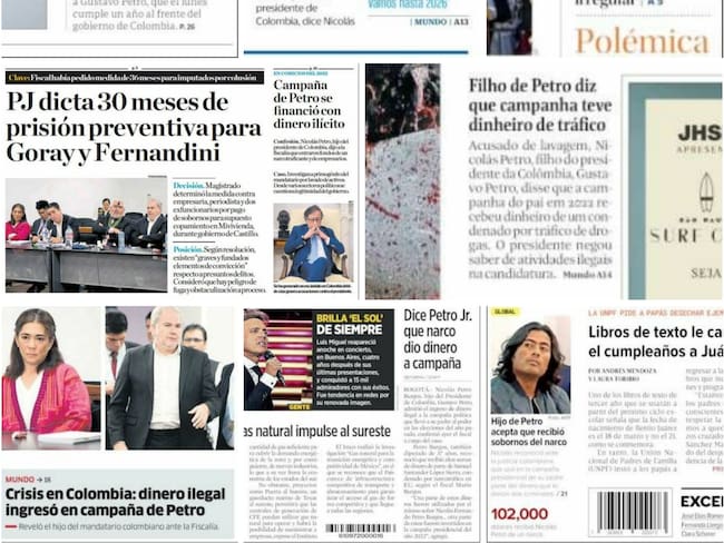 Fragmentos de portadas de medios de Chile, Argentina, Brasil y México que reseñan las declaraciones de Nicolás Petro sobre la presunta entrada de dineros ilegales a la campaña Petro Presidente.
(Fotos:   Cortesía)