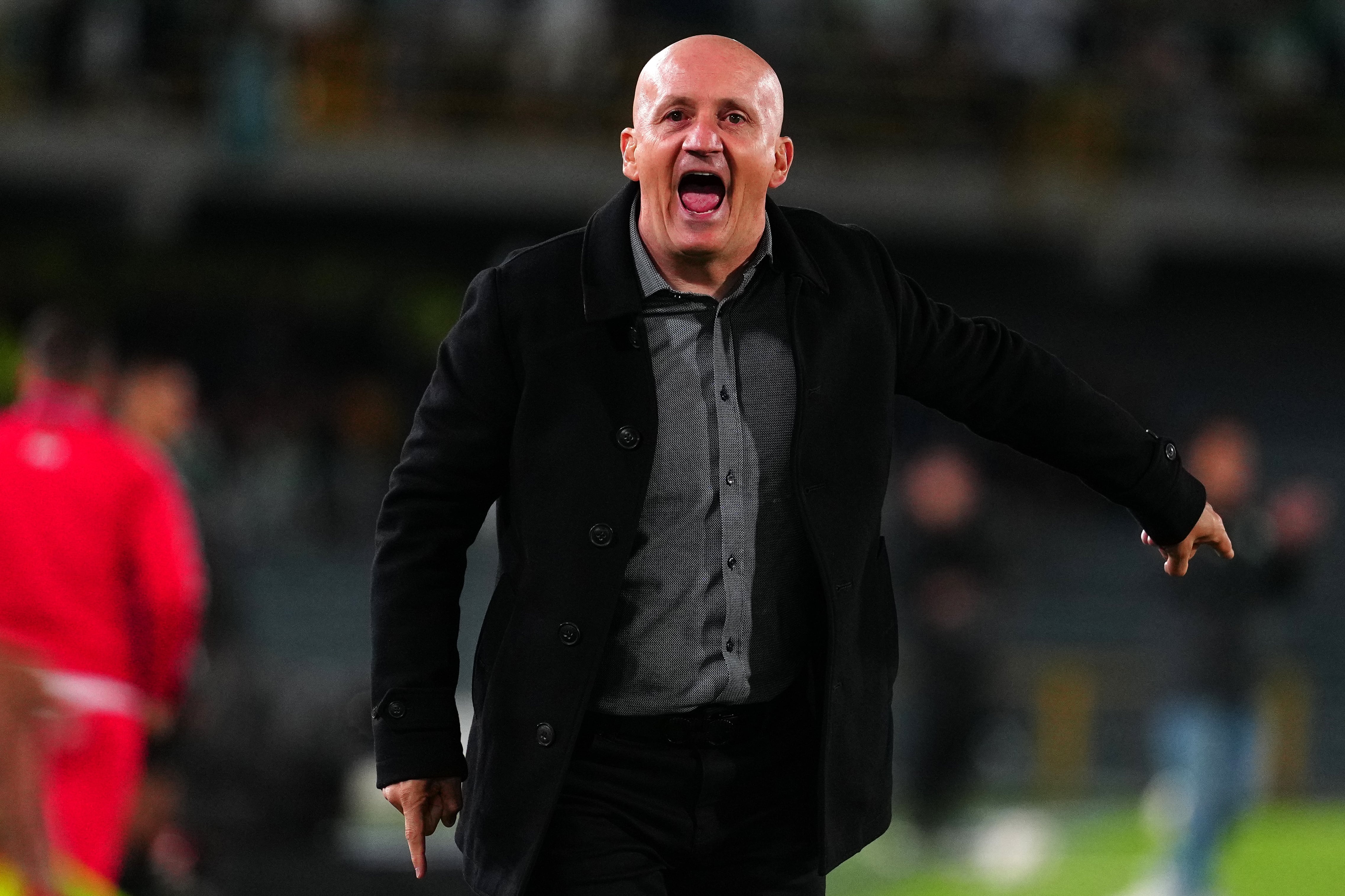 BOGOTA, COLOMBIA - FEBRUARY 25: Pablo Repetto, head coach of Independiente Santa Fe, reacts during a match between Independiente Santa Fe and Atletico Nacional as part of Liga BetPlay I 2026 at Estadio El Campin on February 25, 2026 in Bogota, Colombia. (Photo by Andres Rot/Getty Images)