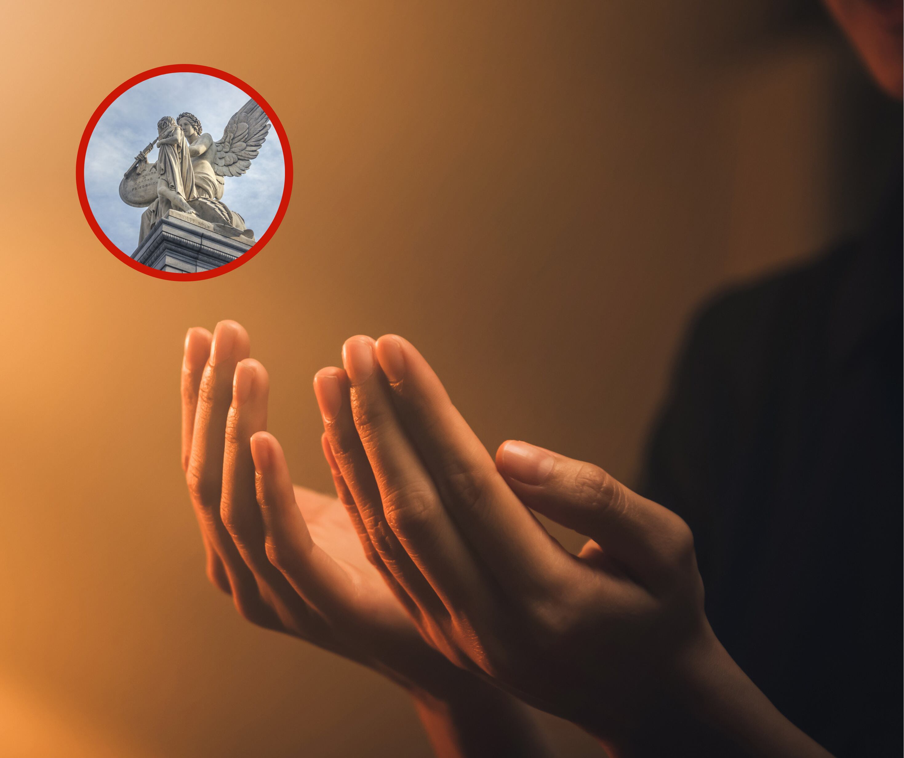 Persona orando junto a la imagen de un ángel de la guarda (Fotos vía Getty Images)