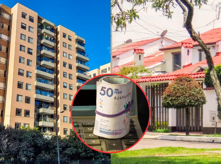 Torre de apartamentos en Bogotá / Conjunto de casas en el norte de la capital de Colombia / Billetes de 50.000 sobre calculadora (Getty Images)