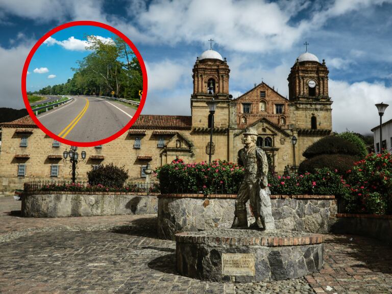 Catedral de Monguí, Boyacá con una estatua del municipio de fondo, y sobre ella una carretera. (Foto: Getty Images)