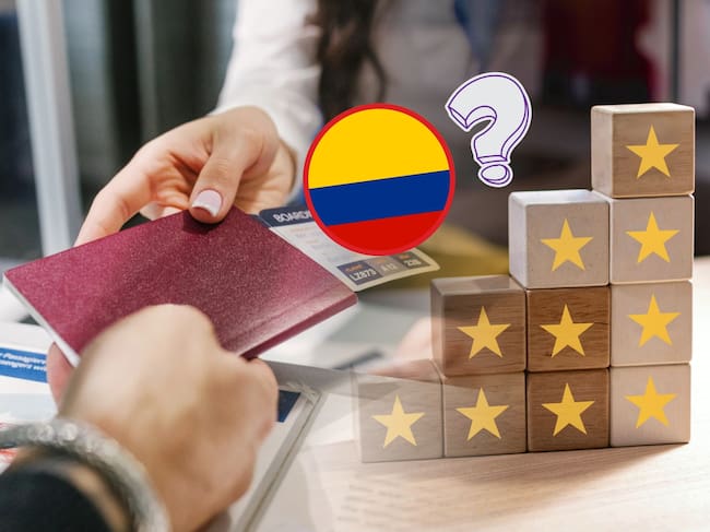 A la izquierda: Imagen ilustrativa de un trámite de pasaporte. A la derecha, Imagen ilustrativa de un ranking. Arriba en el medio: Bandera de Colombia (Crédito: Getty Images)