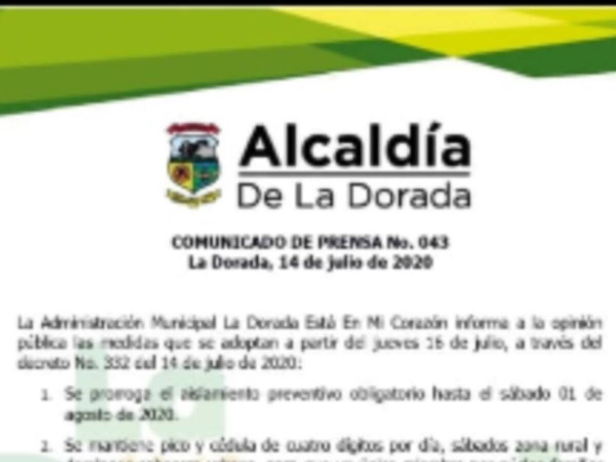 La Dorada mantiene las medidas de bioseguridad hasta el 1 de agosto