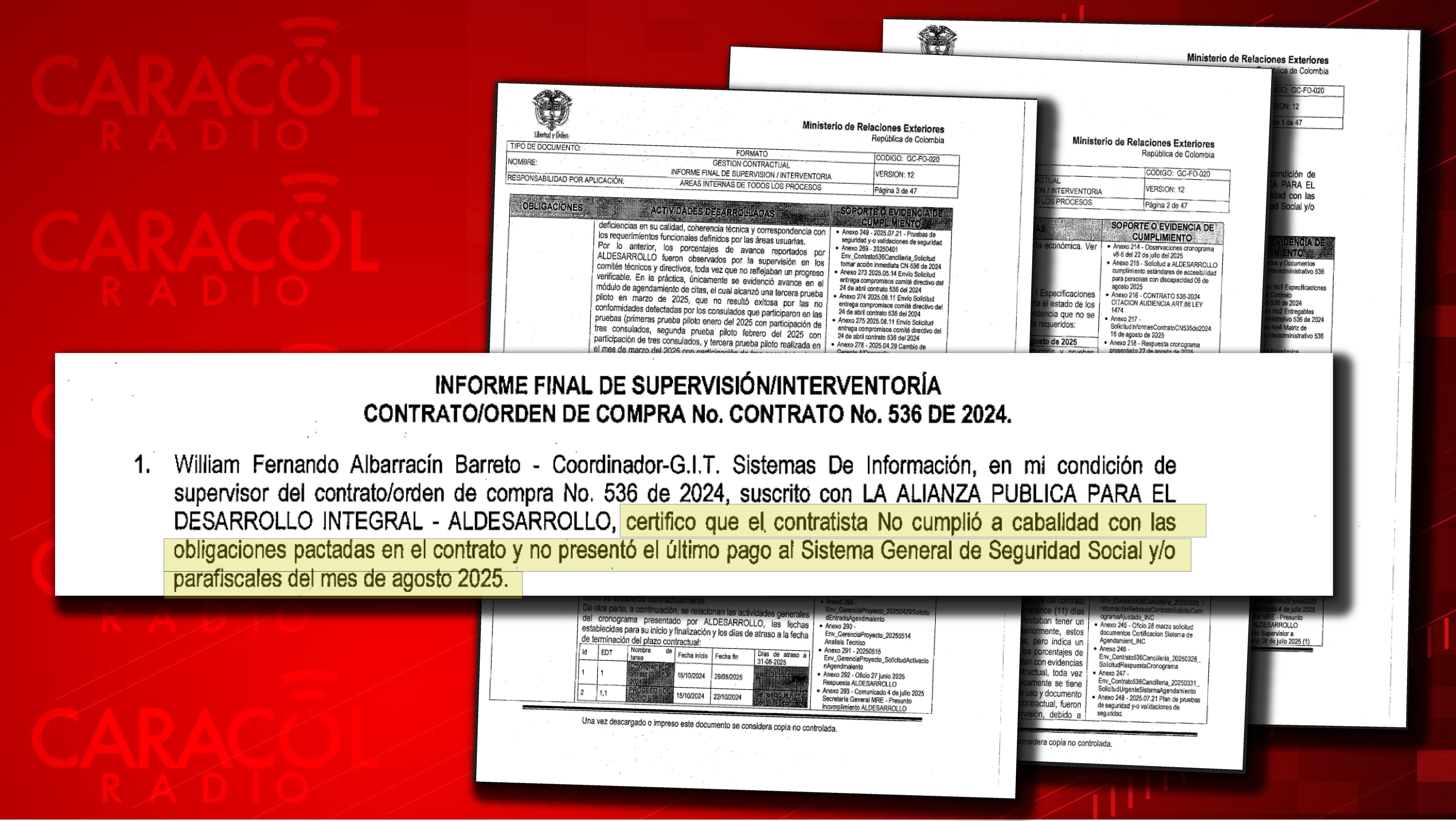 William Albarracín, el funcionario de la Cancillería nombrado como interventor del contrato, consignó en su reporte que Aldesarrollo no cumplió
