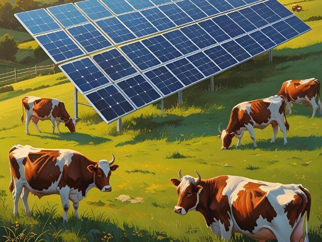 Vacas y paneles solares, imagen generada con IA de Canva.