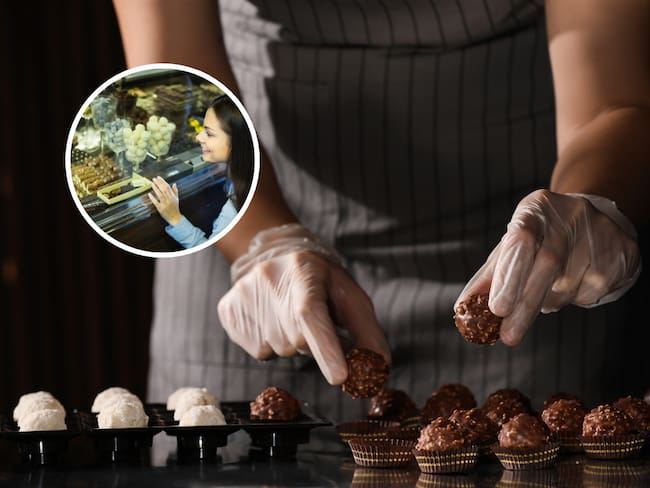 Persona empacando chocolates en sus envolturas y de fondo una mujer observando chocolates en una vitrina (Fotos vía Getty Images)
