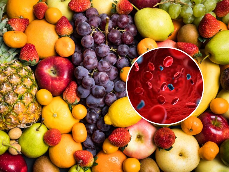 Frutas de diferente color y tipo y una ilustración del torrente sanguíneo (Fotos vía Getty Images)