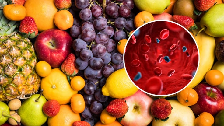 Frutas de diferente color y tipo y una ilustración del torrente sanguíneo (Fotos vía Getty Images)