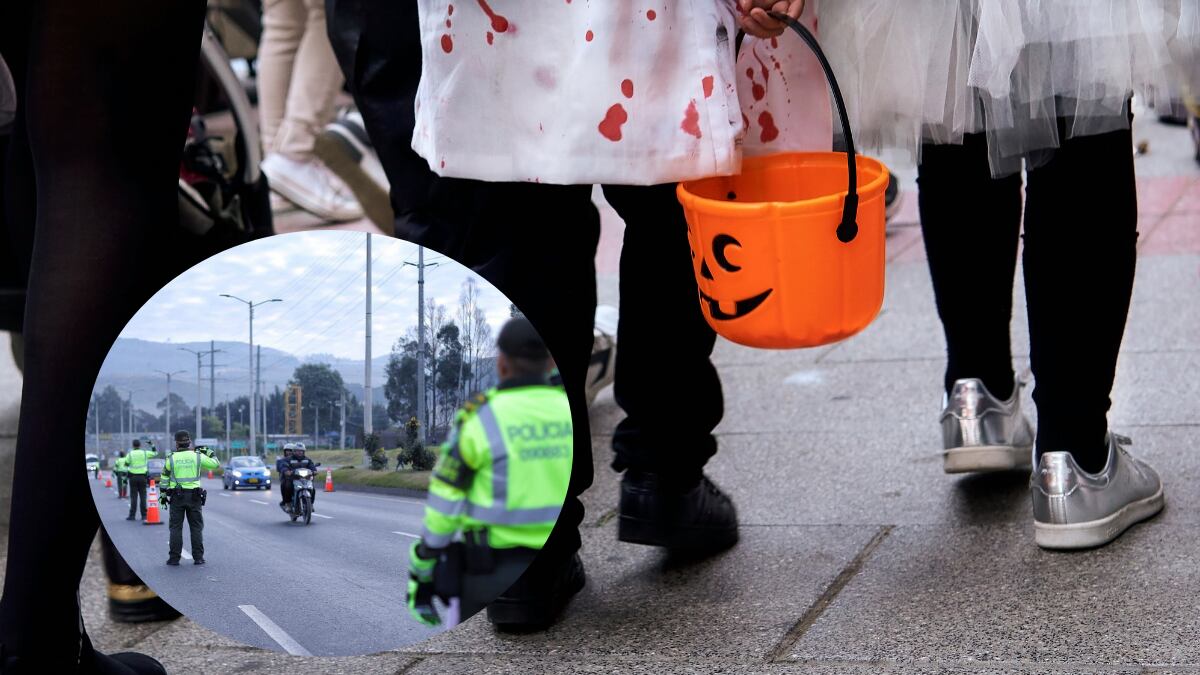 Policía en vía / niños en halloween