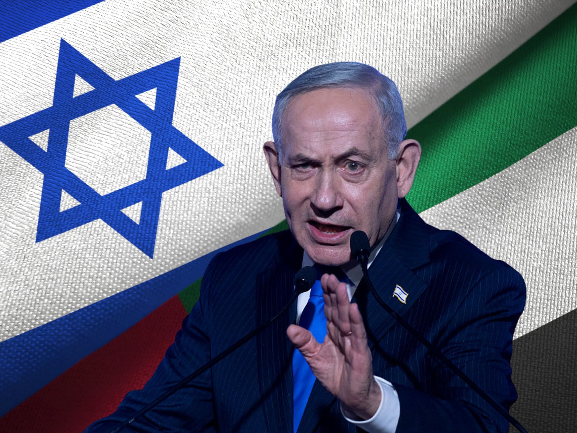 Banderas de Israel y Emiratos Árabes y Benjamín Netanyahu. Foto: Getty Images / (Photo by Amir Levy/Getty Images)