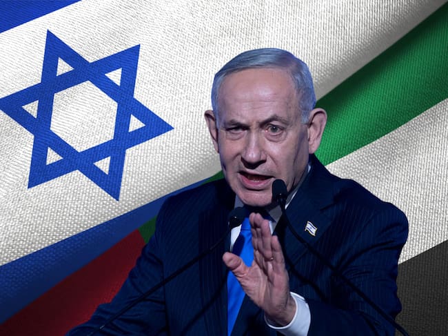 Banderas de Israel y Emiratos Árabes y Benjamín Netanyahu. Foto: Getty Images / (Photo by Amir Levy/Getty Images)