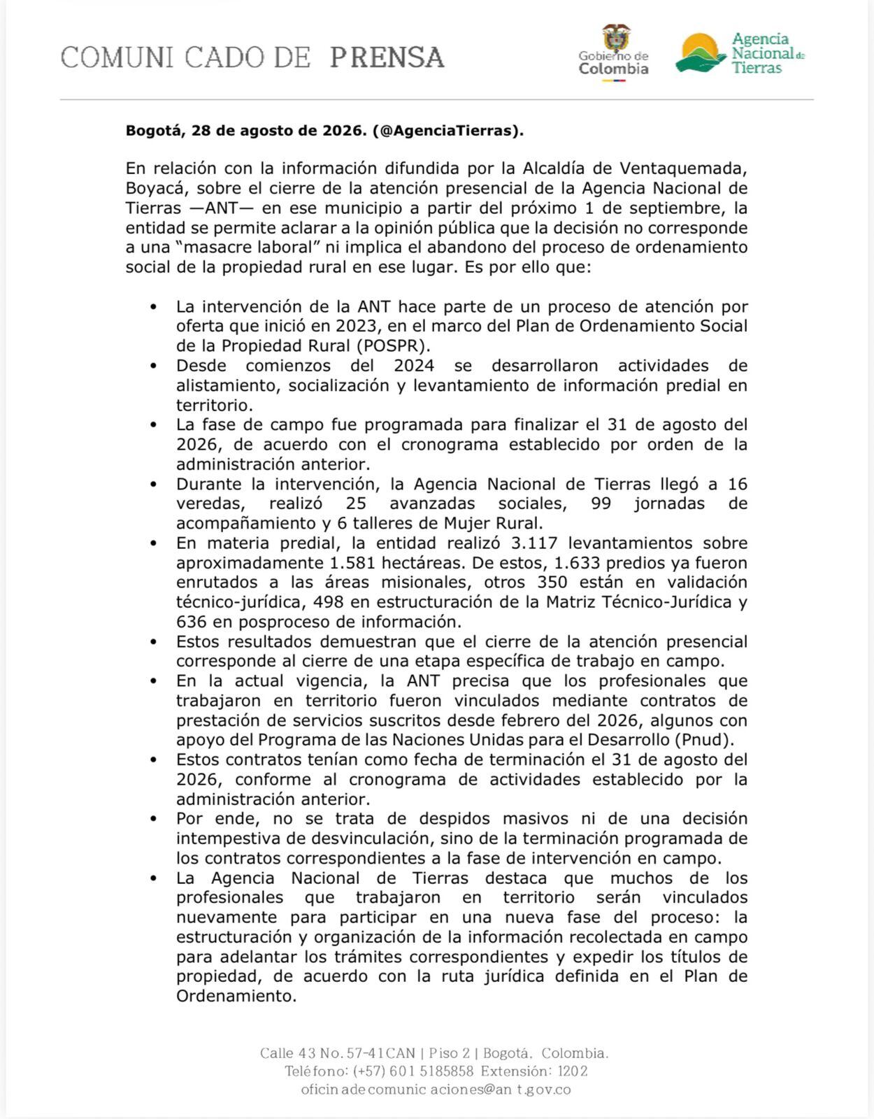 Respuesta de la Agencia Nacional de Tierras a la Alcaldía de Ventaquemada.