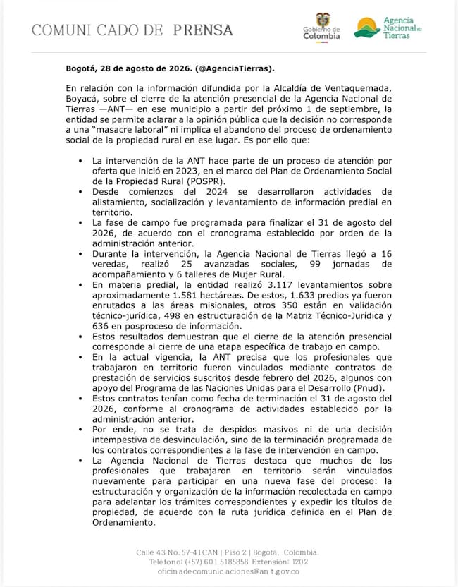 Respuesta de la Agencia Nacional de Tierras a la Alcaldía de Ventaquemada.