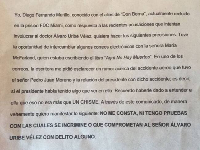 Don Berna negó que Uribe tenga relación con la muerte de Pedro Juan Moreno