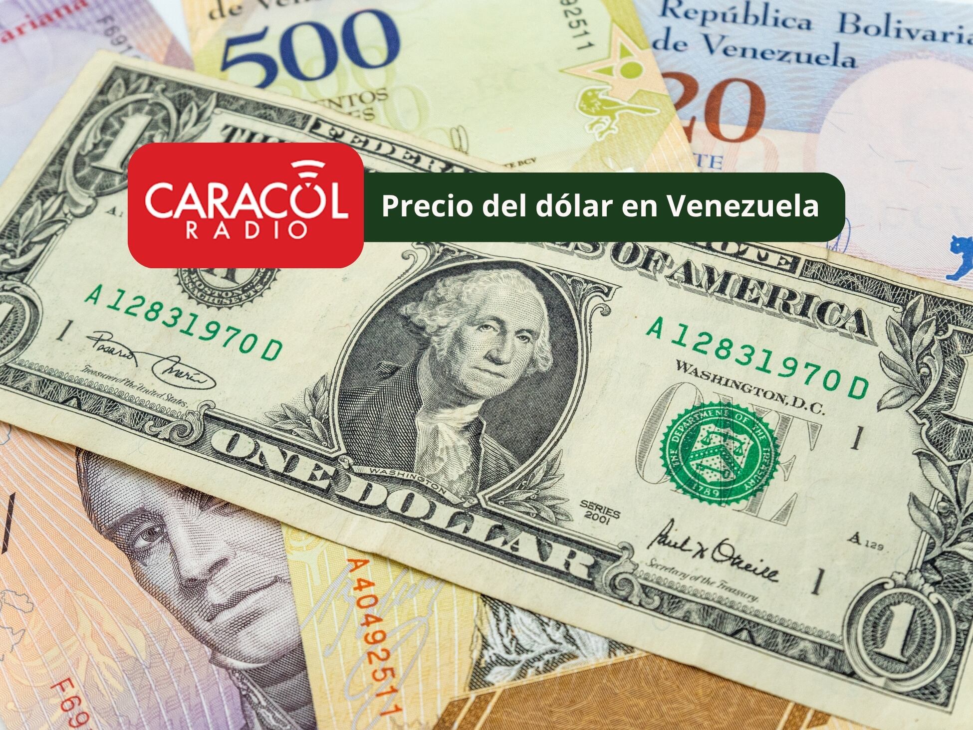 Imagen ilustrativa de un dólar estadounidense sobre varios bolívares venezolanos (Crédito: Getty Images)