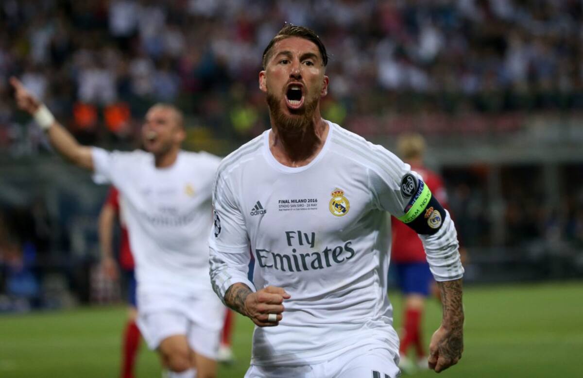 El jugador del Real Madrid Sergio Ramos celebra después de anotar el gol del 1-0