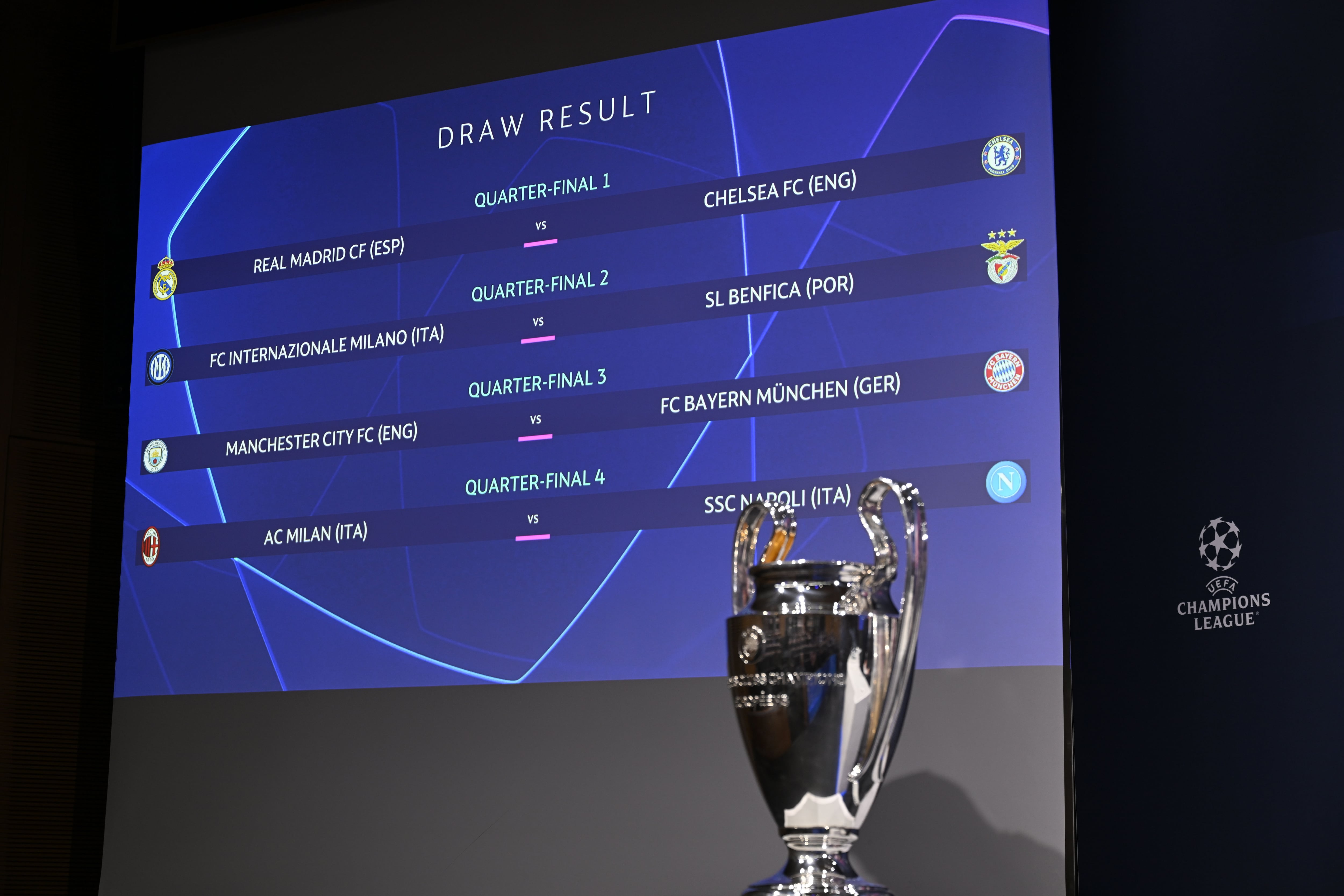 NYON, SWITZERLAND - MARCH 17: A view of the draw results during the UEFA Champions League 2022/23 Quarter-finals and Semi-finals Draw at the UEFA Headquarters, The House of the European Football, on March 17, 2023, in Nyon, Switzerland. (Photo by Kristian Skeie - UEFA/UEFA via Getty Images)