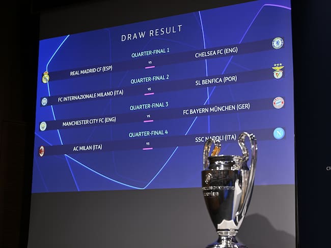 NYON, SWITZERLAND - MARCH 17: A view of the draw results during the UEFA Champions League 2022/23 Quarter-finals and Semi-finals Draw at the UEFA Headquarters, The House of the European Football, on March 17, 2023, in Nyon, Switzerland. (Photo by Kristian Skeie - UEFA/UEFA via Getty Images)